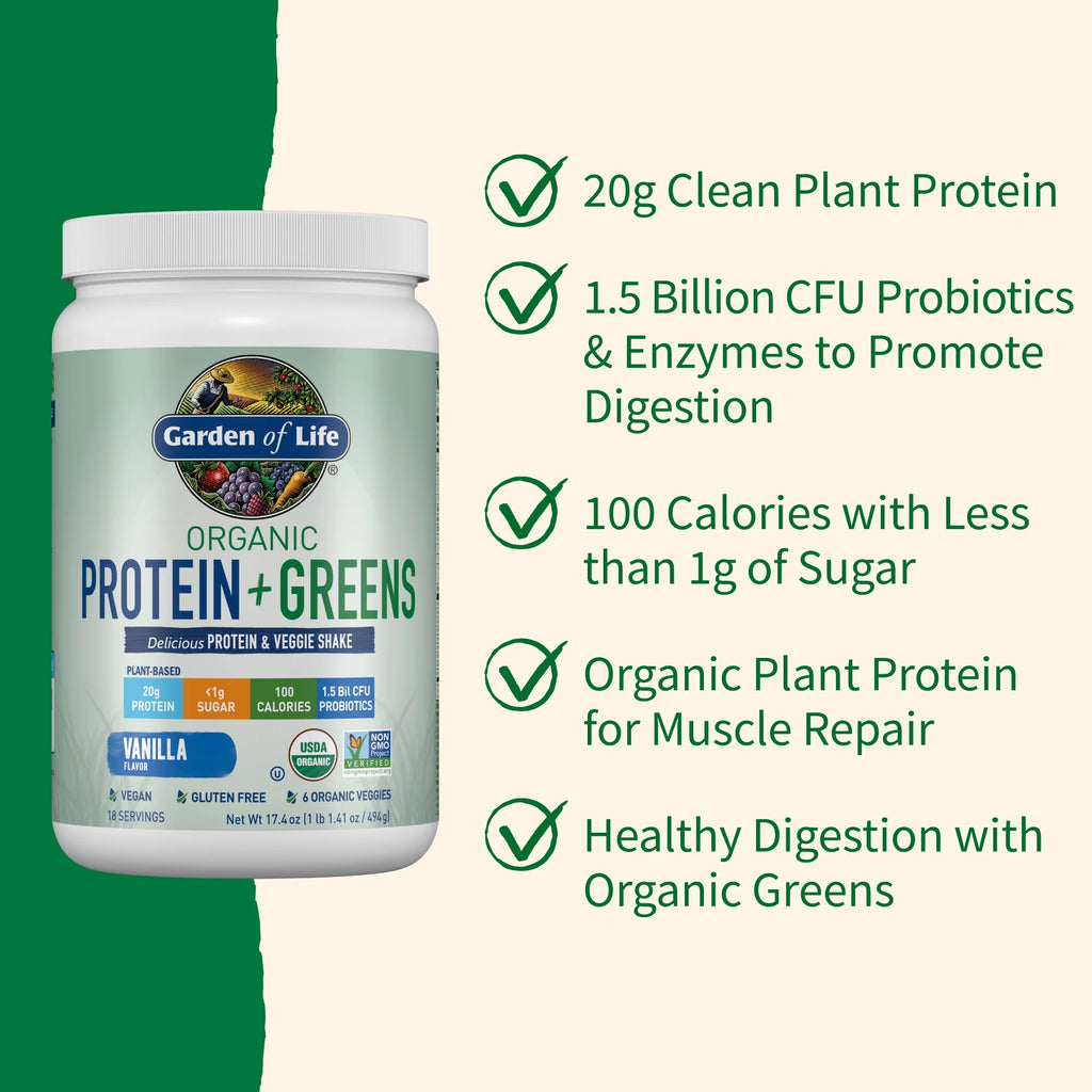 Organic Plant Based Greens Probiotic 20G Protein Shake Drink Powder for Digestive Gut Health, Vegan, Vanilla, 1.1Lb