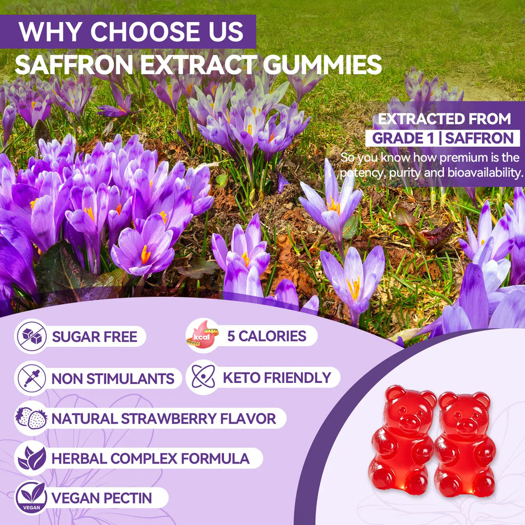 CRASYE Saffron Gummies for Kids, 100% Pure Organic Natural Extract, Sugar-Free Dietary Supplement, 60 Vegan Gummies for Calm Mood & Focus Support