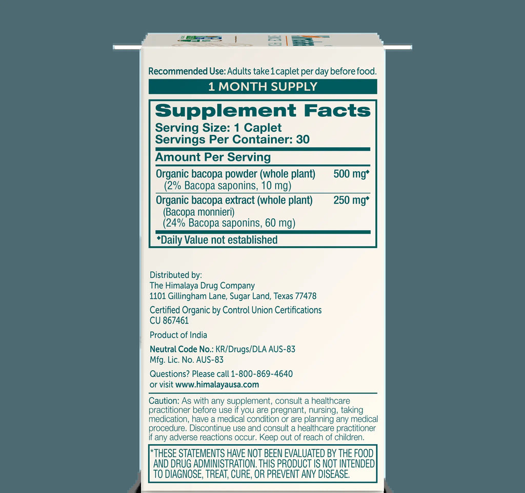 Himalaya Organic Bacopa - Bacopa Monnieri Herbal Brain Supplements for Memory and Focus Support - USDA Organic, Vegan, Non-Gmo, Gluten Free, 750 Mg, 30 Caplets
