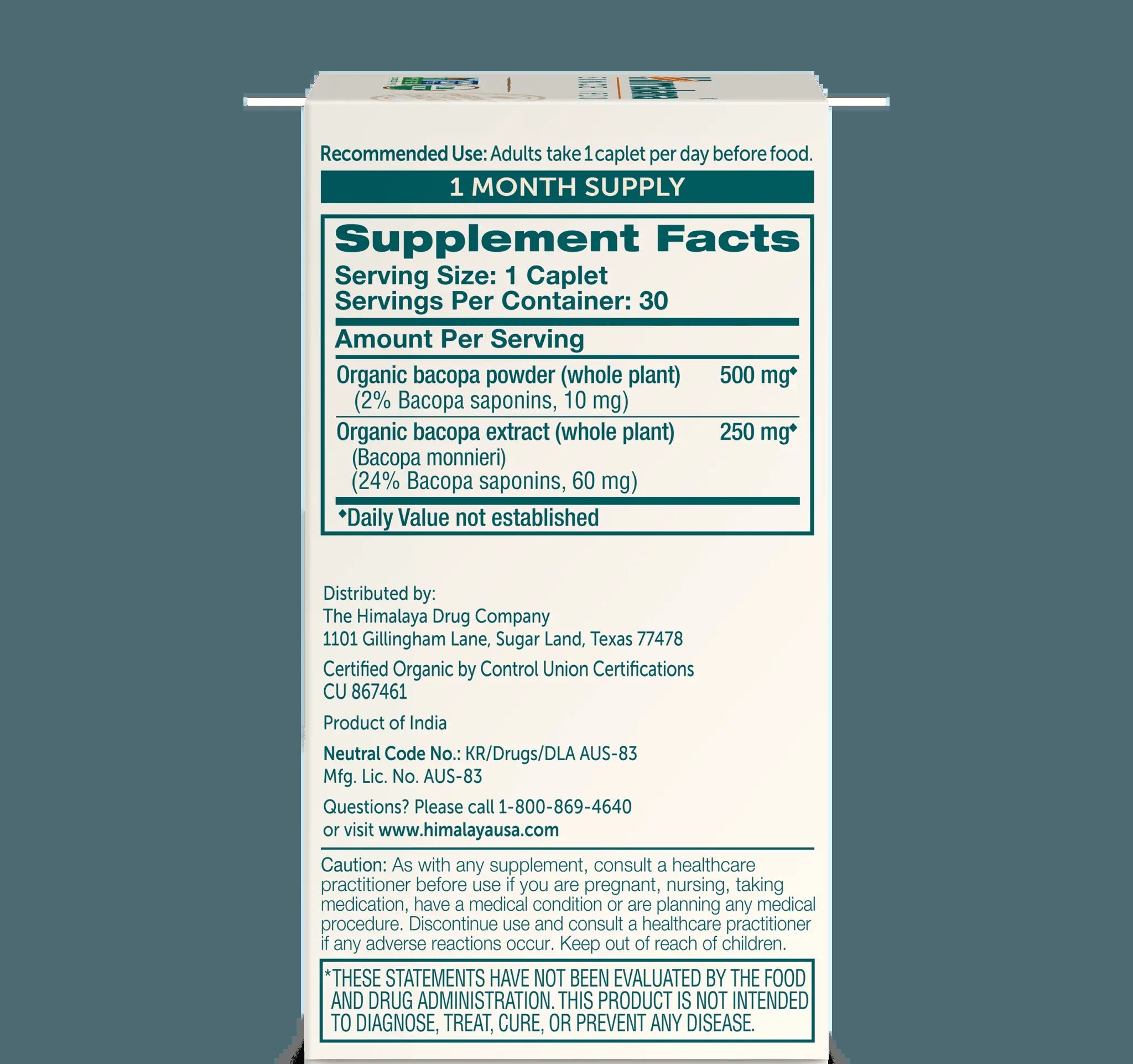 Himalaya Organic Bacopa - Bacopa Monnieri Herbal Brain Supplements for Memory and Focus Support - USDA Organic, Vegan, Non-Gmo, Gluten Free, 750 Mg, 30 Caplets