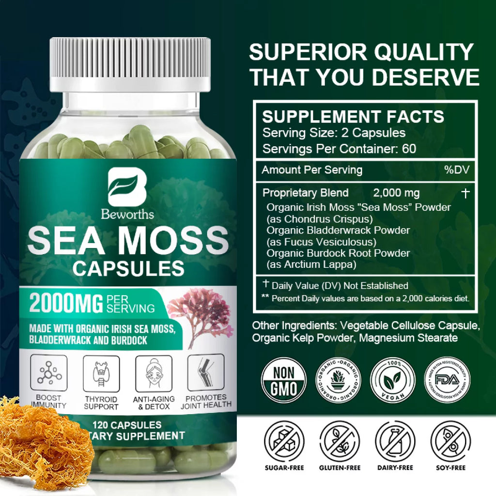 Organic Sea Moss Capsules 2000Mg with Burdockroot, for Immune Boost, Skin & Joint Health, Gut Cleanse & Thyroid Support.