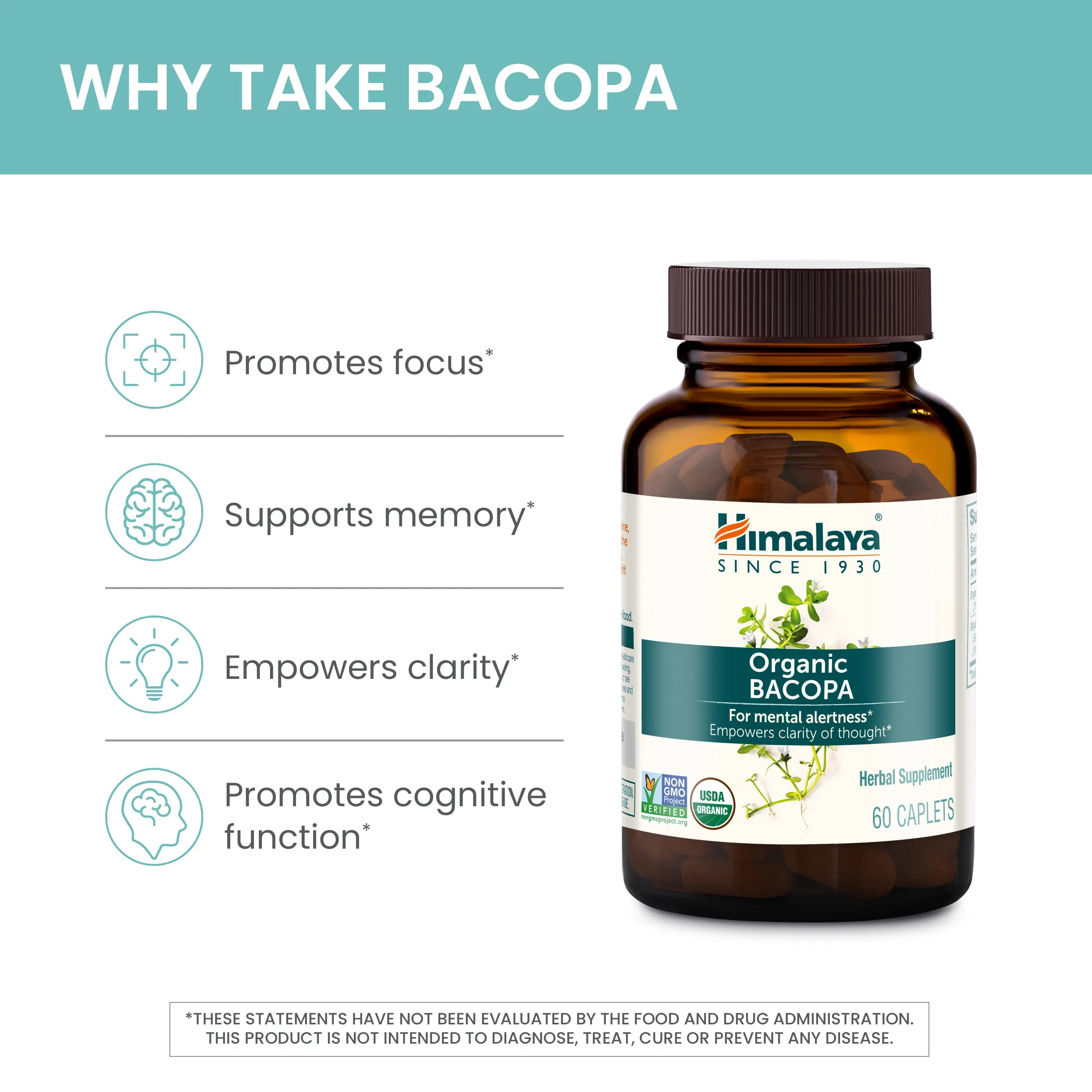 Himalaya Organic Bacopa - Bacopa Monnieri Herbal Brain Supplements for Memory and Focus Support - USDA Organic, Vegan, Non-Gmo, Gluten Free, 750 Mg, 30 Caplets