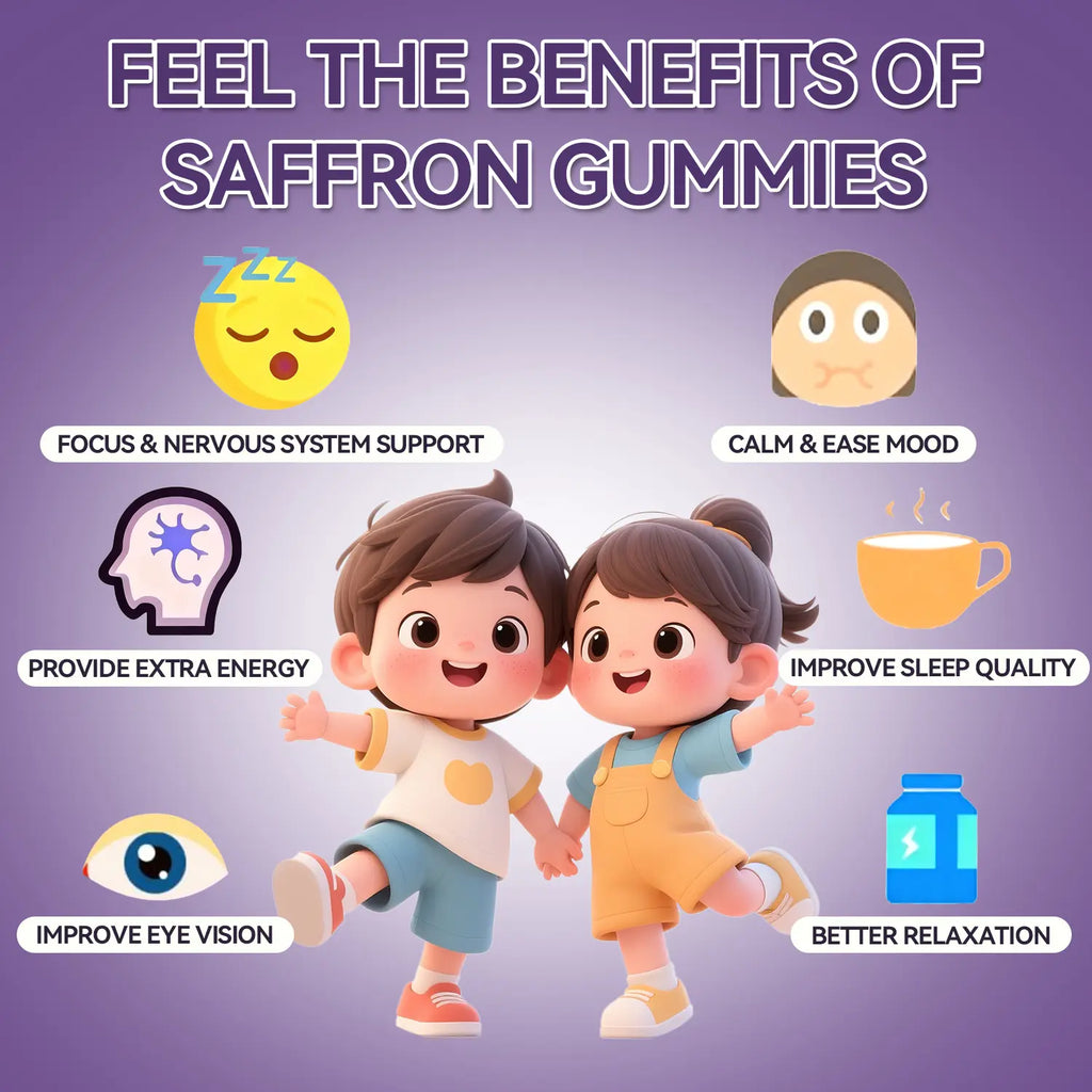CRASYE Saffron Gummies for Kids, 100% Pure Organic Natural Extract, Sugar-Free Dietary Supplement, 60 Vegan Gummies for Calm Mood & Focus Support