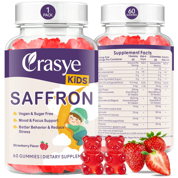 CRASYE Saffron Gummies for Kids, 100% Pure Organic Natural Extract, Sugar-Free Dietary Supplement, 60 Vegan Gummies for Calm Mood & Focus Support