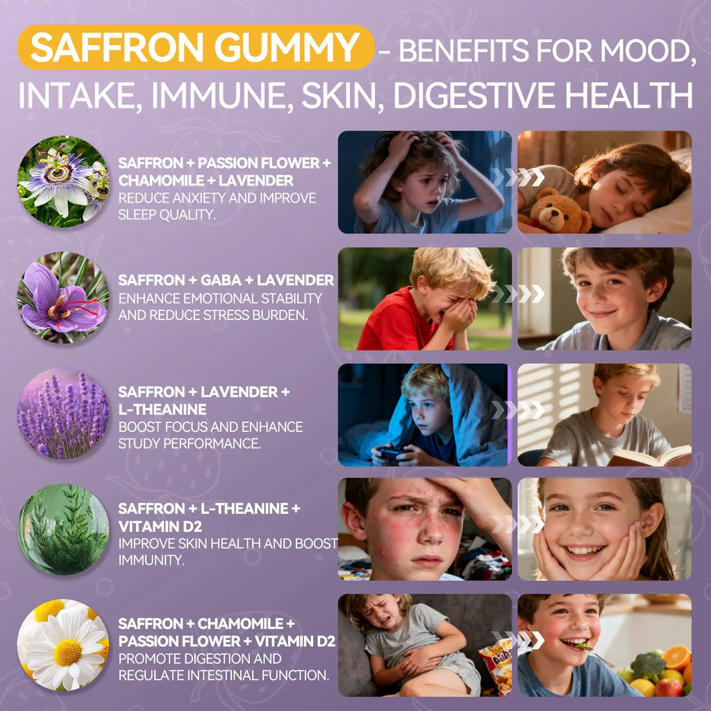 CRASYE Saffron Gummies for Kids, 100% Pure Organic Natural Extract, Sugar-Free Dietary Supplement, 60 Vegan Gummies for Calm Mood & Focus Support