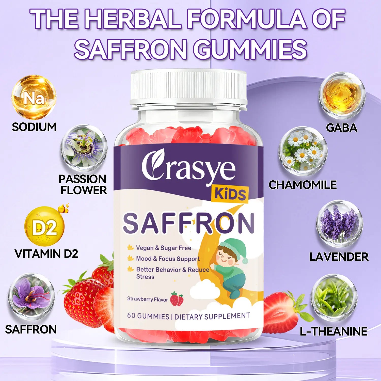 CRASYE Saffron Gummies for Kids, 100% Pure Organic Natural Extract, Sugar-Free Dietary Supplement, 60 Vegan Gummies for Calm Mood & Focus Support