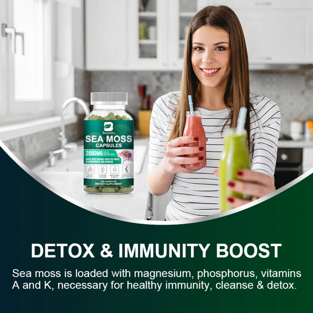 Organic Sea Moss Capsules 2000Mg with Burdockroot, for Immune Boost, Skin & Joint Health, Gut Cleanse & Thyroid Support.