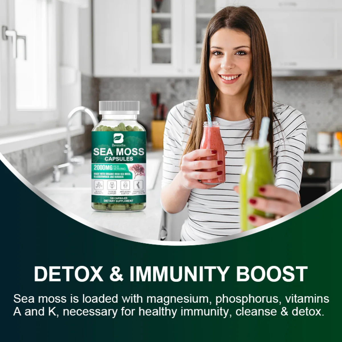 Organic Sea Moss Capsules 2000Mg with Burdockroot, for Immune Boost, Skin & Joint Health, Gut Cleanse & Thyroid Support.