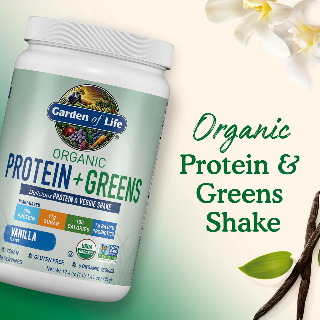 Organic Plant Based Greens Probiotic 20G Protein Shake Drink Powder for Digestive Gut Health, Vegan, Vanilla, 1.1Lb