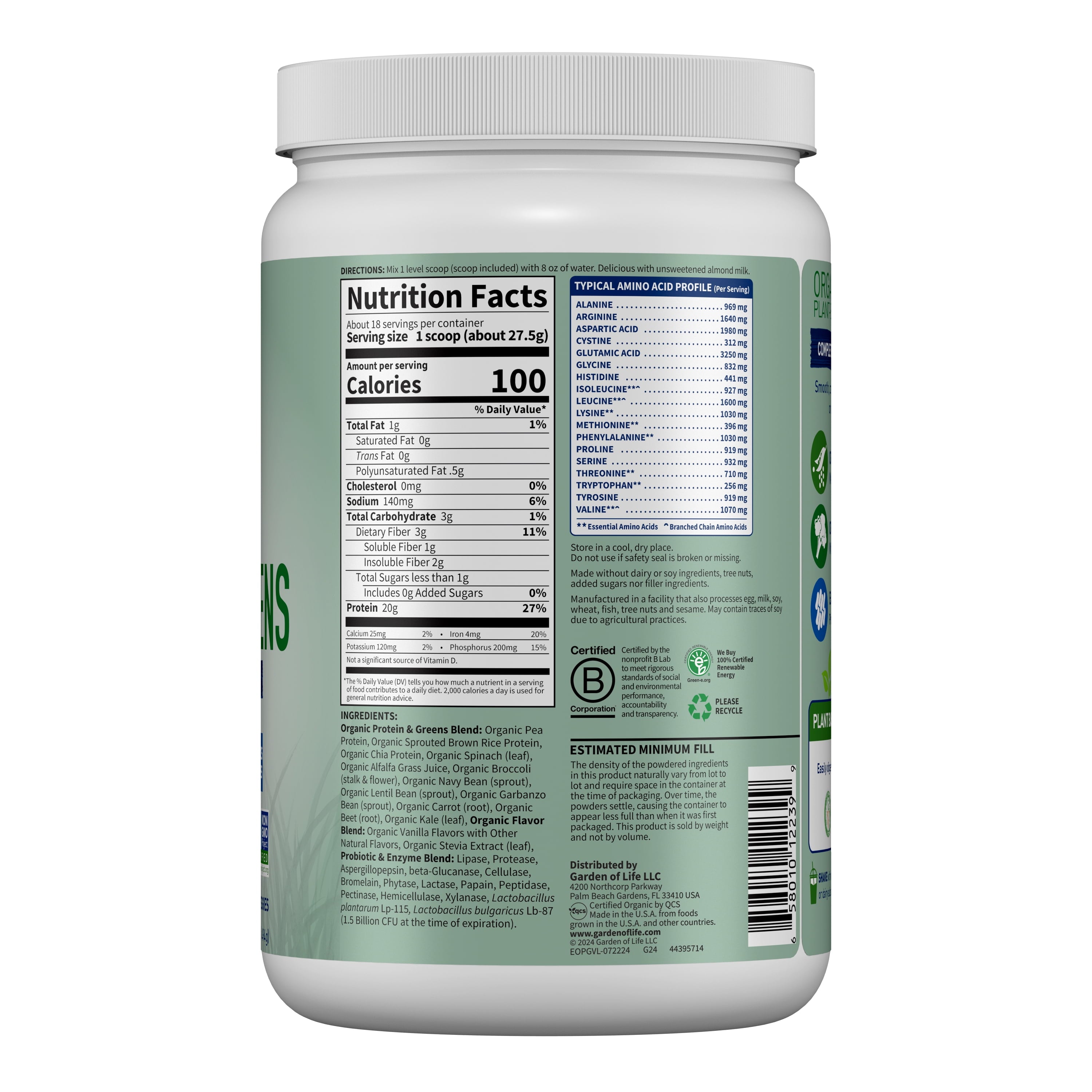 Organic Plant Based Greens Probiotic 20G Protein Shake Drink Powder for Digestive Gut Health, Vegan, Vanilla, 1.1Lb