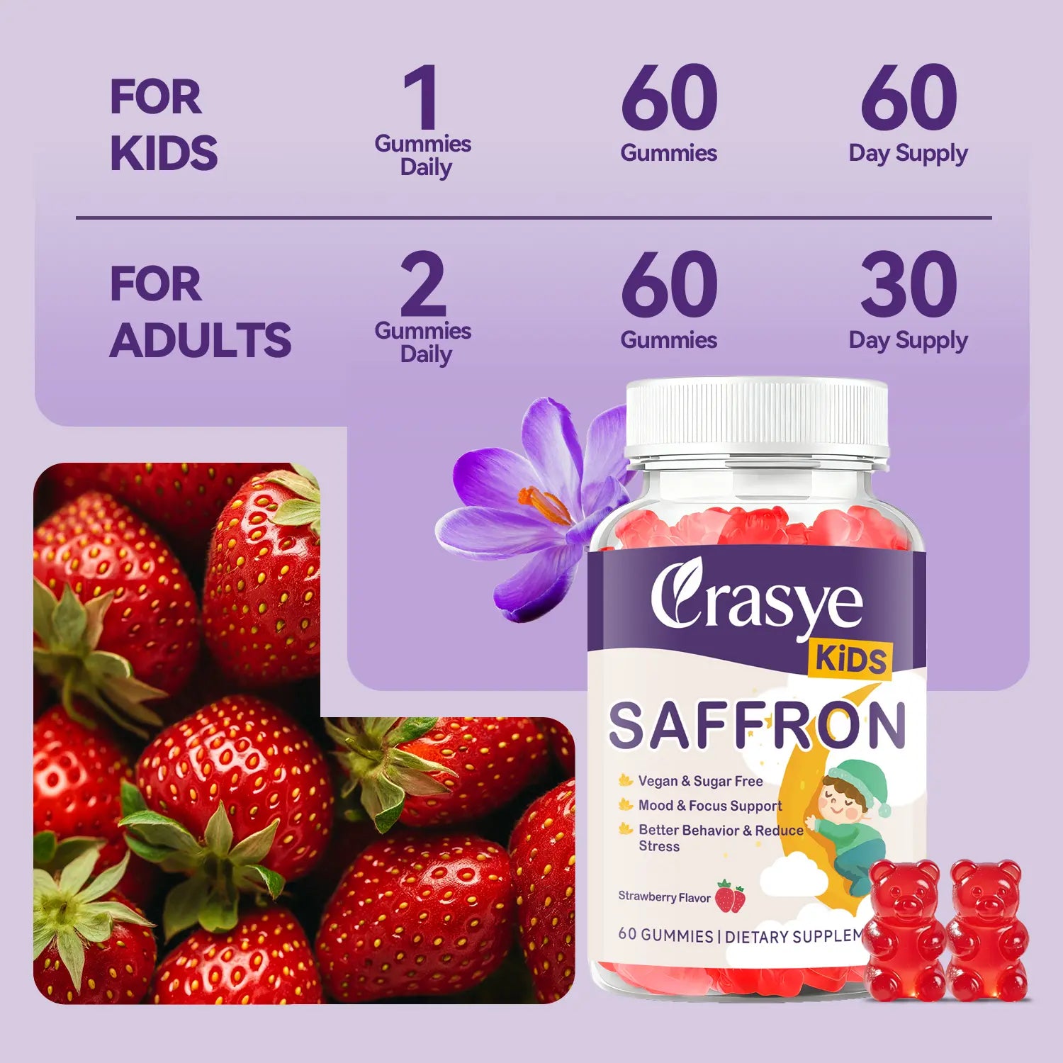 CRASYE Saffron Gummies for Kids, 100% Pure Organic Natural Extract, Sugar-Free Dietary Supplement, 60 Vegan Gummies for Calm Mood & Focus Support