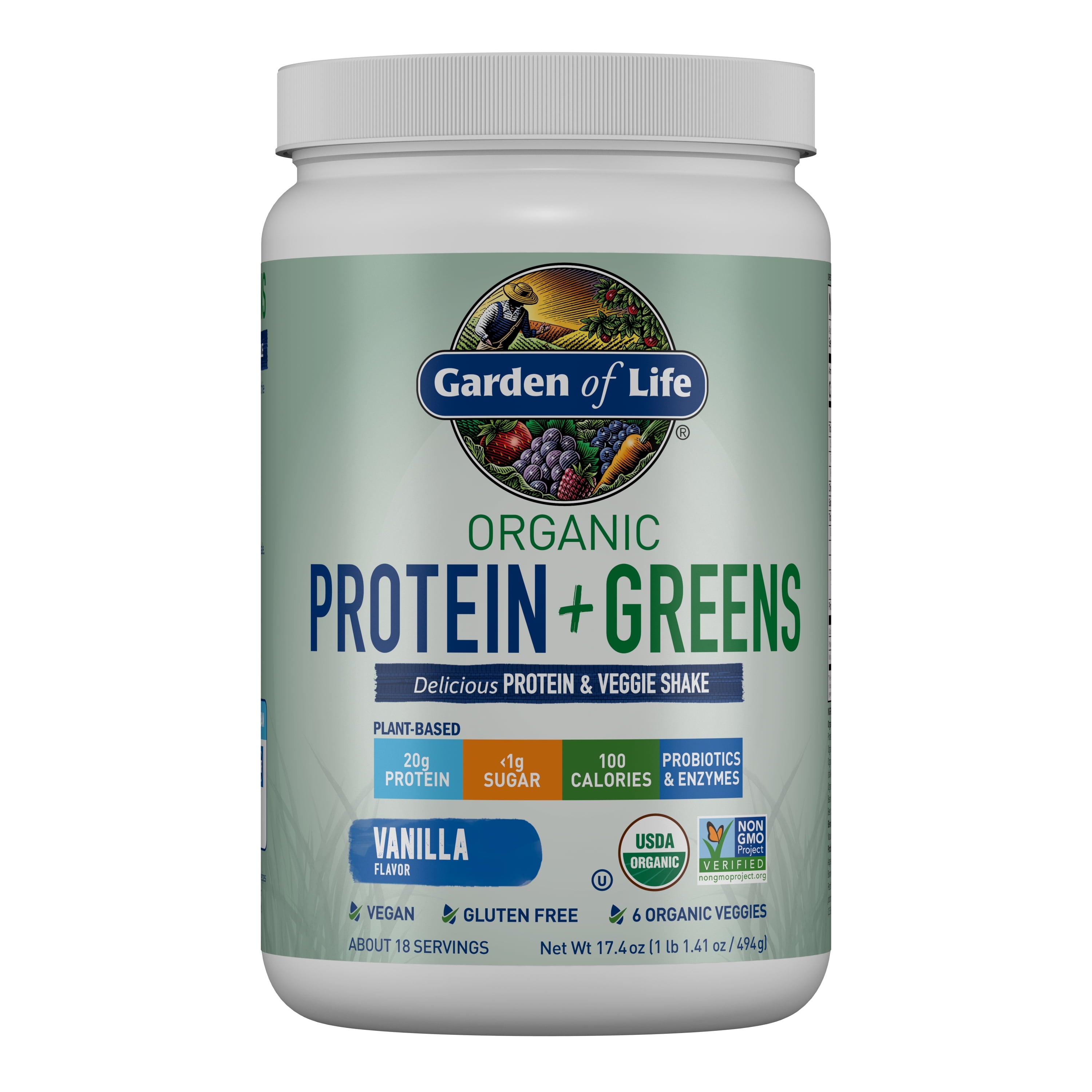 Organic Plant Based Greens Probiotic 20G Protein Shake Drink Powder for Digestive Gut Health, Vegan, Vanilla, 1.1Lb